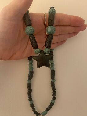 Handcrafted Green and Black Star Pendant Beaded Necklace